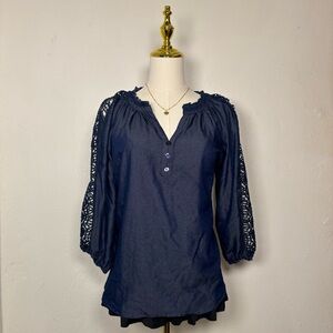 unique spectrum navy blue long sleeve blouse vneck ruffle cottagecore boho chic